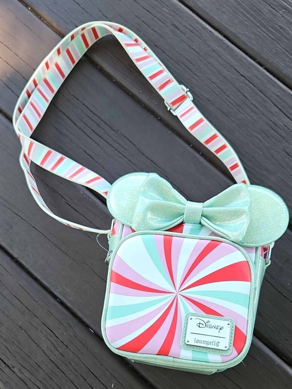 Loungefly Kids Mint, Red & Pink Swirl Crossbody Bag with Glitter Bow